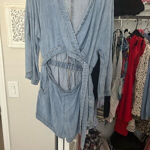 Free People Light Blue Denim Romper with Wrap Front